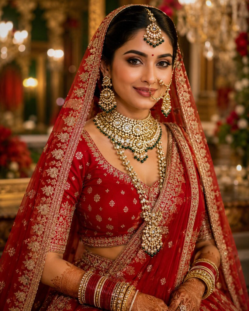 Beautiful bride with HD bridal makeup, elegant hairstyle, and traditional attire by Aesthetics Salon at Home in Dehradun