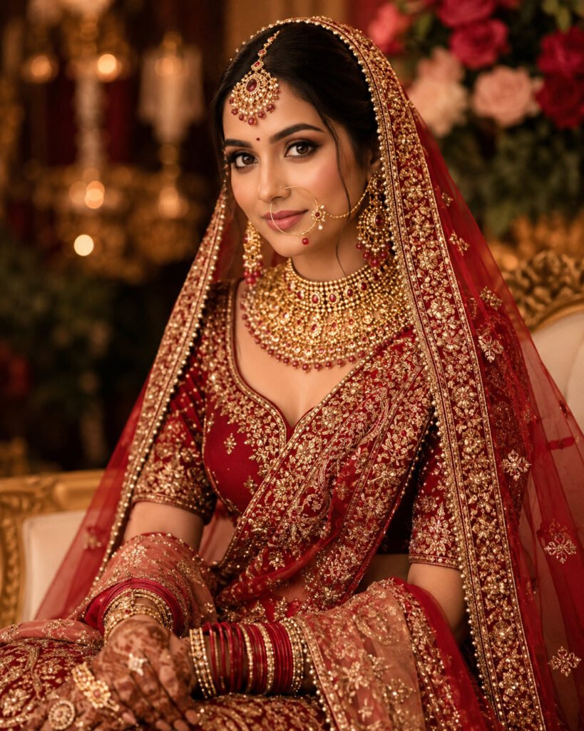 Beautiful bride with HD bridal makeup, elegant hairstyle, and traditional attire by Aesthetics Salon at Home in Dehradun