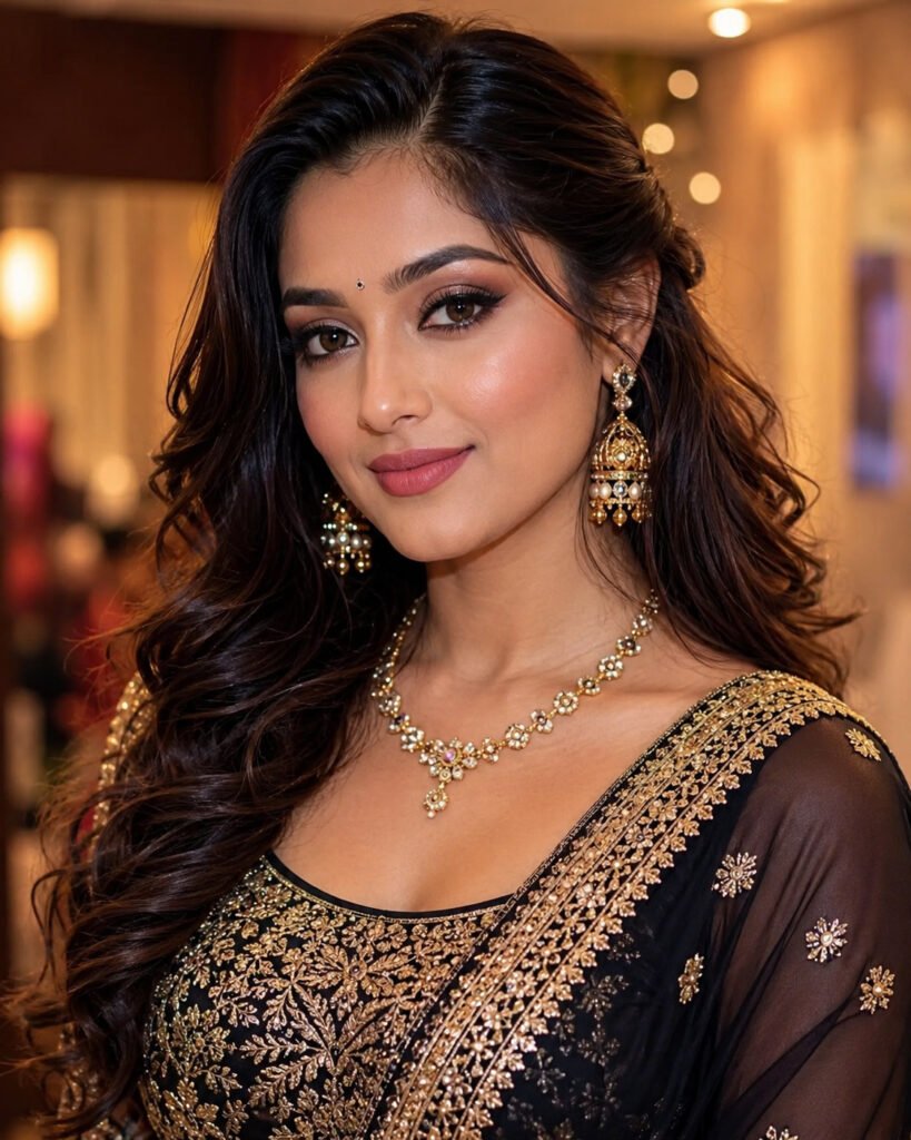 Woman with glamorous party makeup and elegant hairstyle by Aesthetics Salon at Home in Dehradun